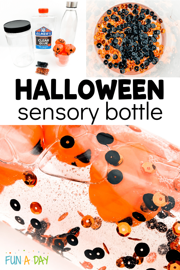Collage of images showing the steps to make a jack-o-lantern bottle, with text that reads Halloween sensory bottle.