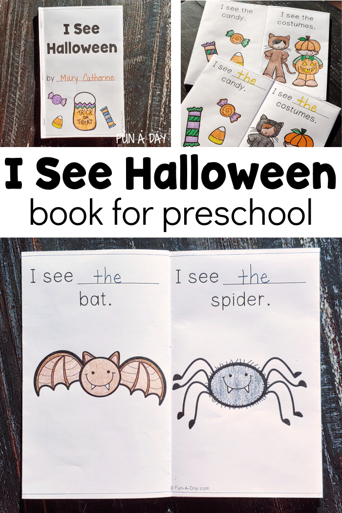 Multiple images of free printable Halloween emergent reader with text that reads I see Halloween book for preschool.