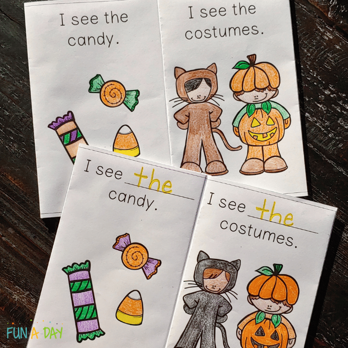 Two printable readers with colored in clip art of candy and trick or treating kids and text that reads I see the candy. I see the costumes. 