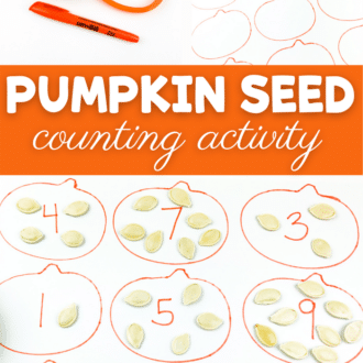 Collage of imagesrselated to pumpkin seed counting activity. Text that reads 