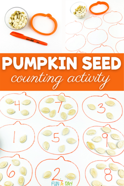 Collage of imagesrselated to pumpkin seed counting activity. Text that reads 