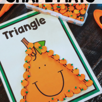 Pumpkin mini erasers outlining triangle-shaped pumpkin next to a small container of pumpkin mini erasers and orange kid tweezers. Text reads free printable pumpkin shape mats.