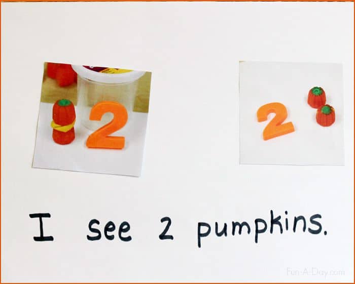 images of a pumpkin class book page with text that reads I see 2 pumpkins.