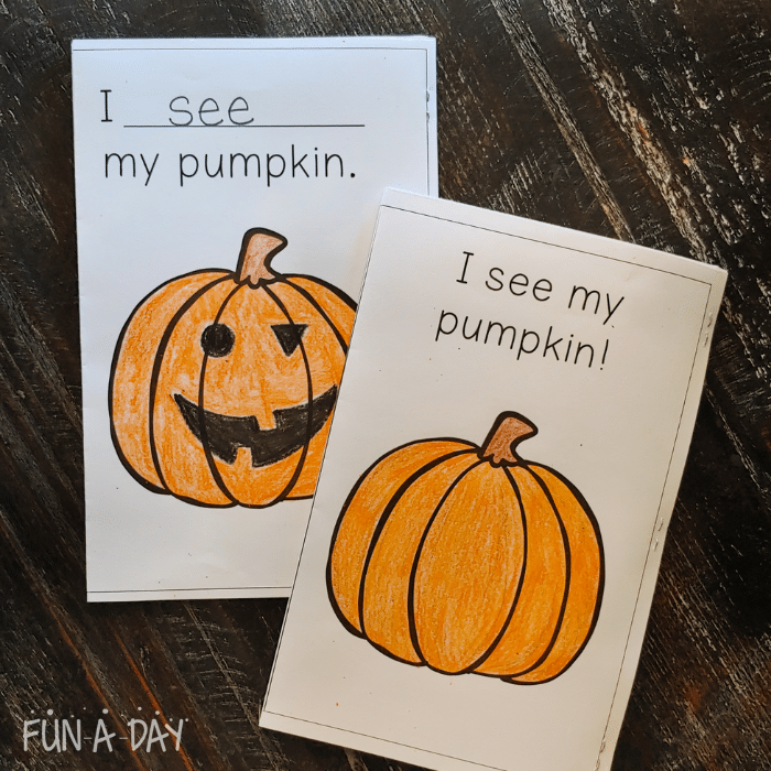 Last page of pumpkin printable book that reads I see my pumpkin. Page has pumpkin clip art to color in.