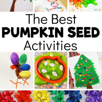 Collage of images from activities which include pumpkin seed fall tree art, pumpkin seed name activity, pumpkin seed process art, pumpkin seed turkey, pumpkin seed slime, pumpkin seed Christmas tree art, and rainbow pumpkin seeds. Text that reads 