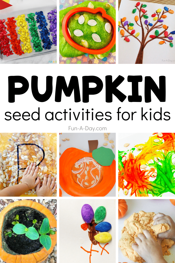 Collage of images from activities which include rainbow pumpkin seeds, pumpkin seed slime, pumpkin seed fall art, pumpkin sensory squish bag, peek inside a pumpkin, pumpkin seed process art, pumpkin seed planting, pumpkin seed turkey, and pumpkin seed play-dough. Text that reads pumpkin seed activities for kids.