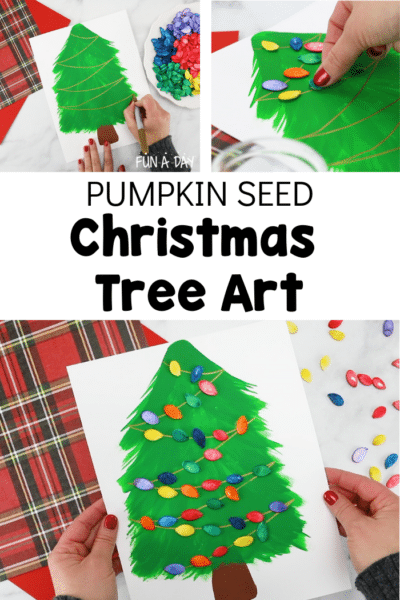 images of painted christmas trees with text that reads pumpkin seed christmas tree art