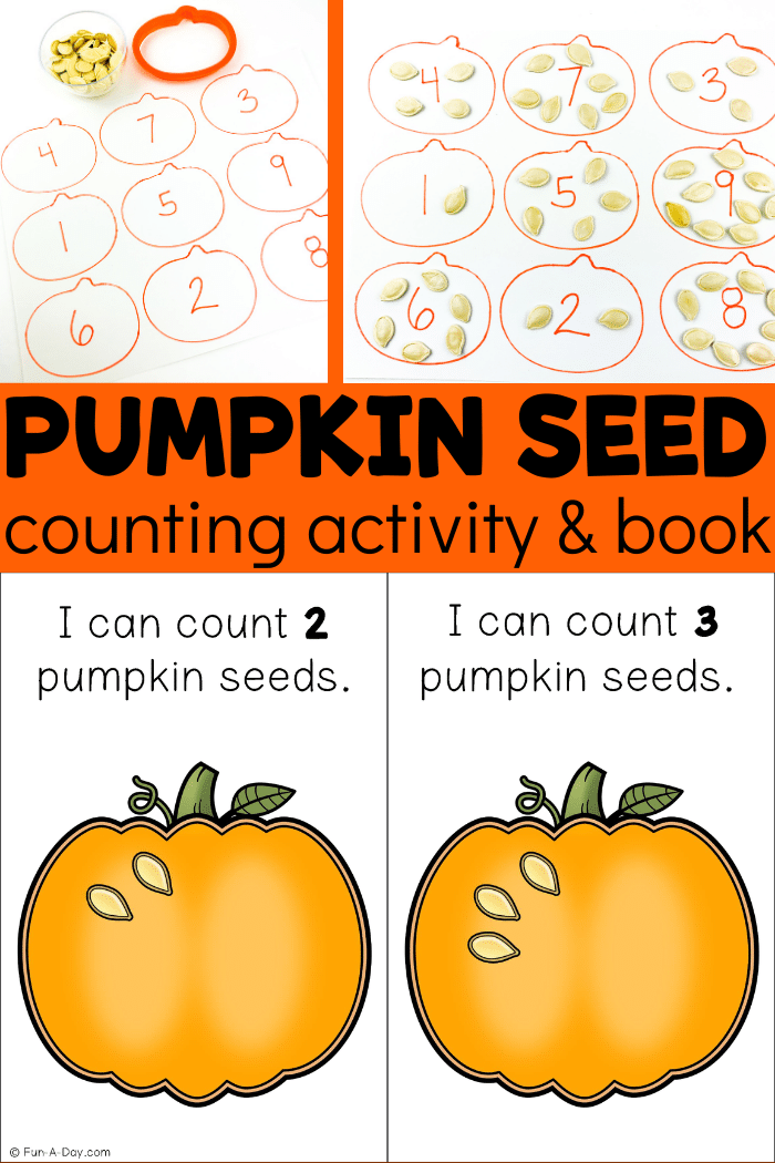 Collage of pumpkin seed counting activity with text that reads 