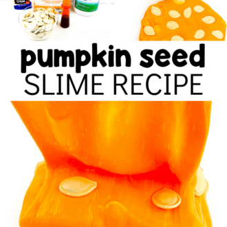 Images of orange slime with pumpkin seeds, image of ingredients, and text that reads 