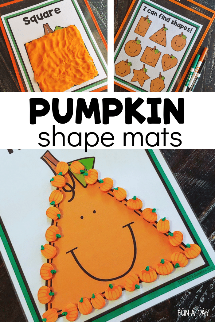 Collage of pumpkin shape printables paired with play dough and mini erasers with text that reads pumpkin shape mats
