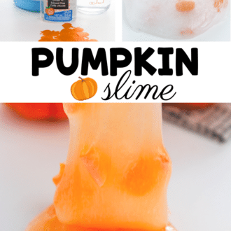Collage of images, pumpkin slime ingredients, clear slime with pumpkin glitter, and orange slime with pumpkin glitter being stretched with text that reads 