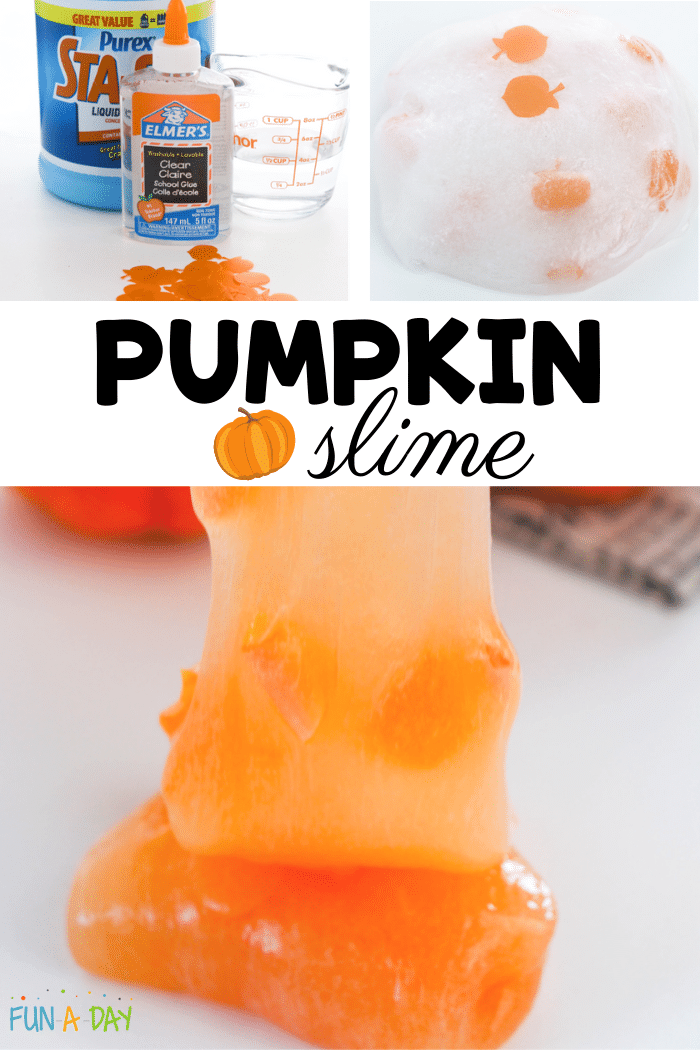 Collage of images, ingredients, clear slime with pumpkin glitter, and orange slime with pumpkin glitter being stretched with text that reads 