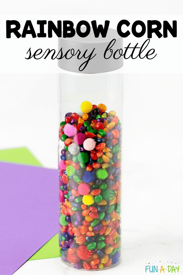 Image of clear bottle containing multi-colored corn kernels and pompoms. Text that reads 