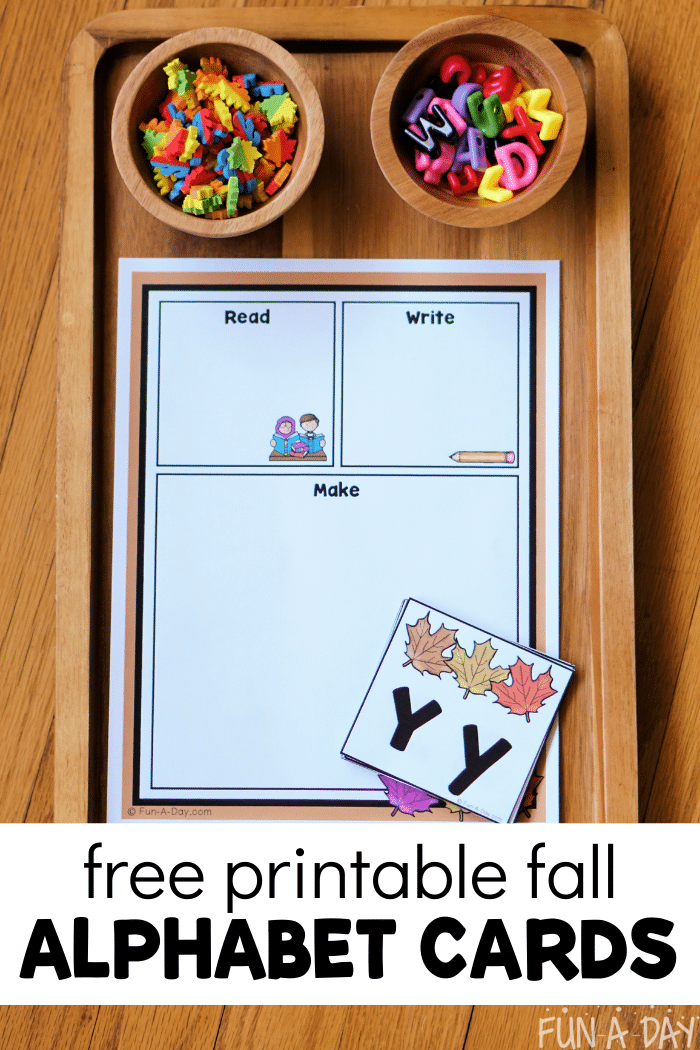 Fall read-write-build mat with letters and mini erasers; text that reads free printable fall alphabet cards.