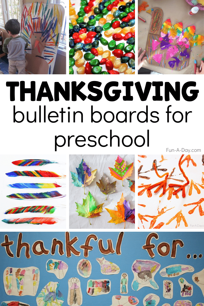 Collage of Thanksgiving preschool art with text that reads Thanksgiving bulletin boards for preschool.