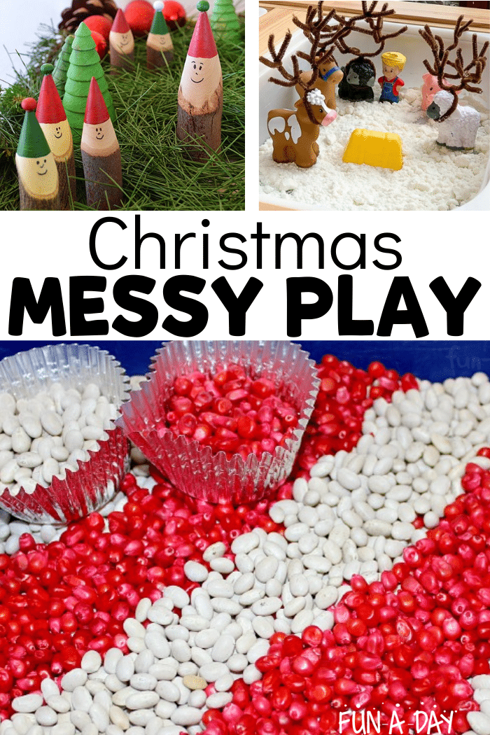 sensory and art ideas with text that reads christmas messy play