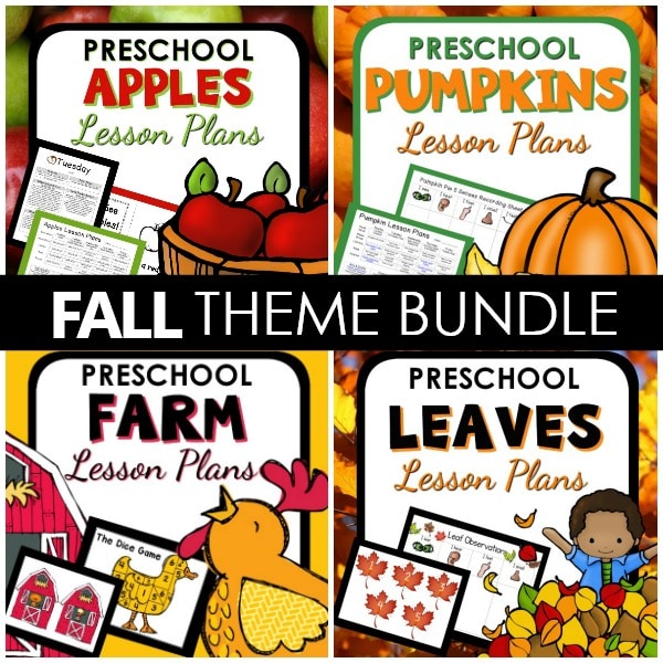 Fall theme bundle cover including lessons for apples, pumpkins, farm, and leaves.