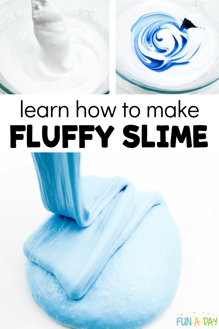 Collage of images which depict the process of making blue fluffy slime; text that reads 'learn how to make fluffy slime.'