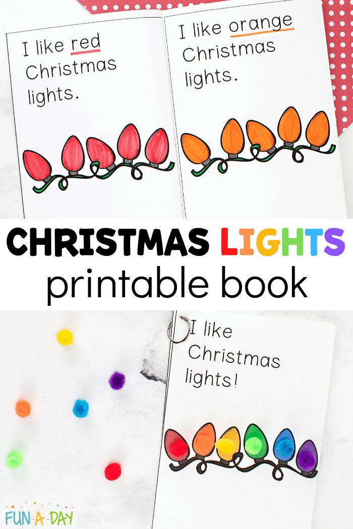 Collage of Christmas lights book pages with text that reads Christmas Lights printable book