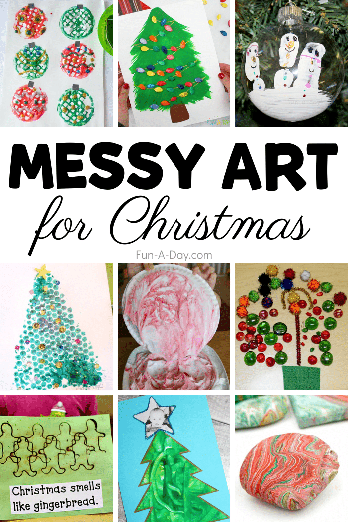 Collage of art activities with text that reads messy art for Christmas