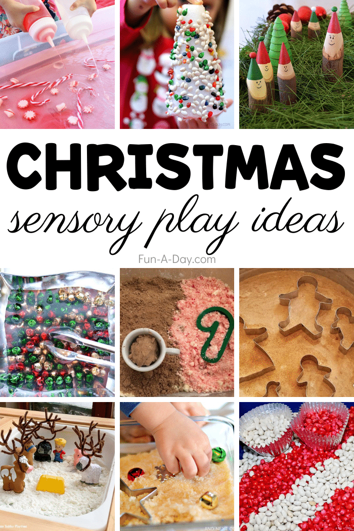 Collage of multiple sensory activities with text that reads Christmas sensory play ideas