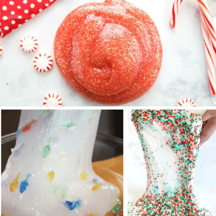 Collage of peppermint slime, Christmas lights slime, and Christmas explosion slime.