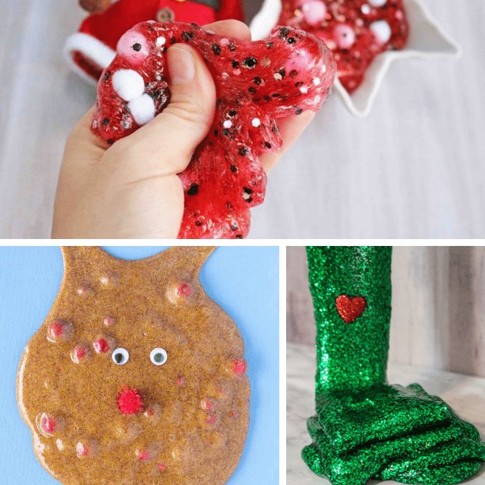 Collage of Santa slime, Rudolph slime, and Grinch slime.
