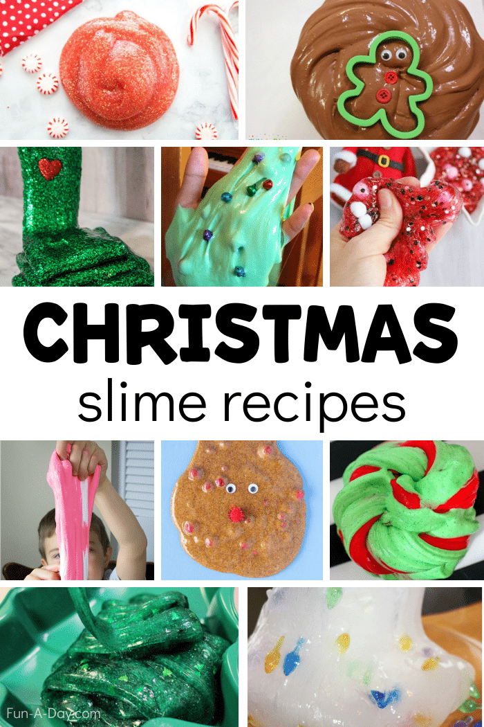 Collage of Christmas themed slimes with text that reads 'Christmas slime recipes.'