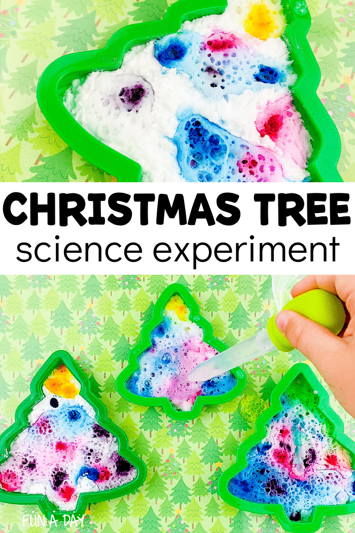 Baking soda with spots of food coloring inside of Christmas tree cookie cutters and text that reads 'Christmas tree science experiment.'