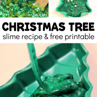 Christmas slime collage with text that reads christmas tree slime recipe and free printable