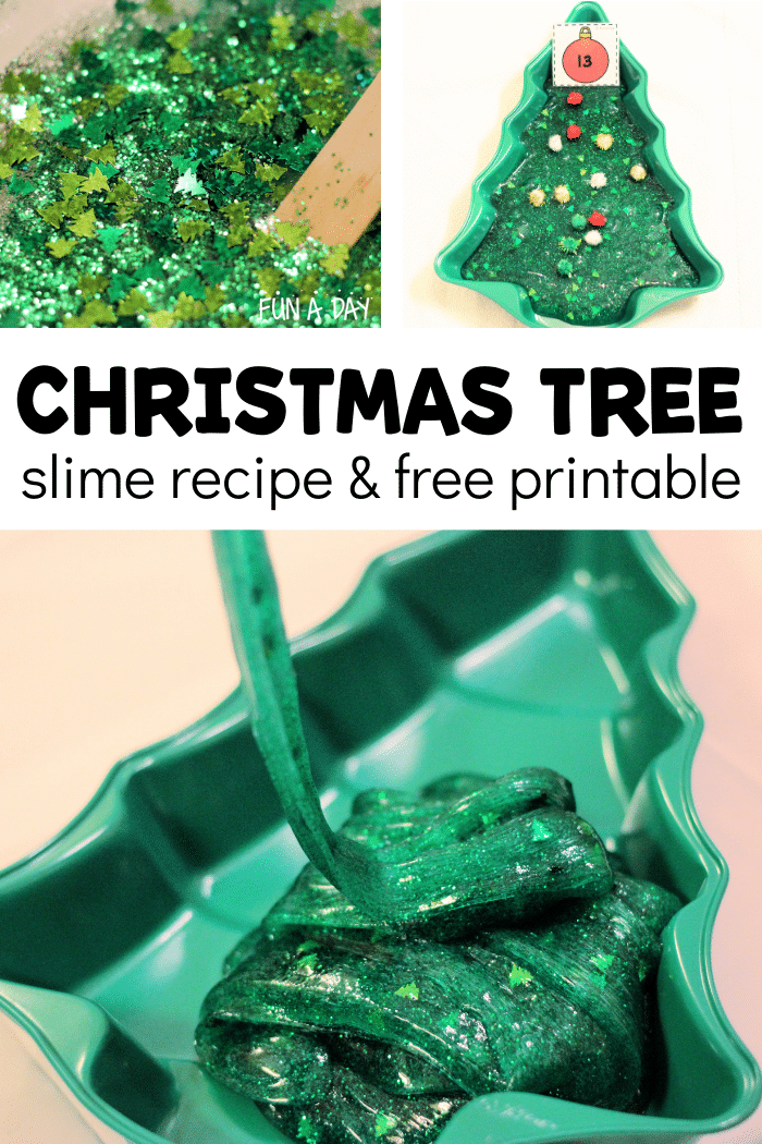 Collage of green glitter slime in tree pan with text that reads christmas tree slime recipe and free printable.