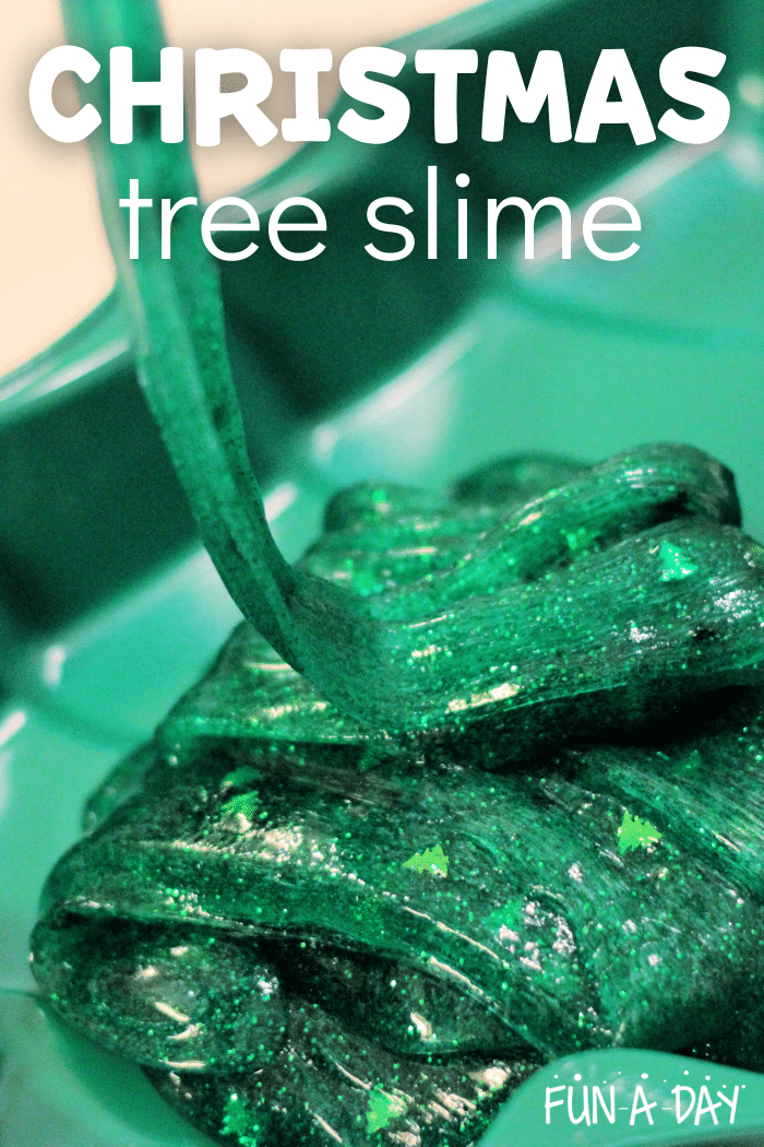 Green glitter slime being poured into a tree pan with text that reads Christmas tree slime.