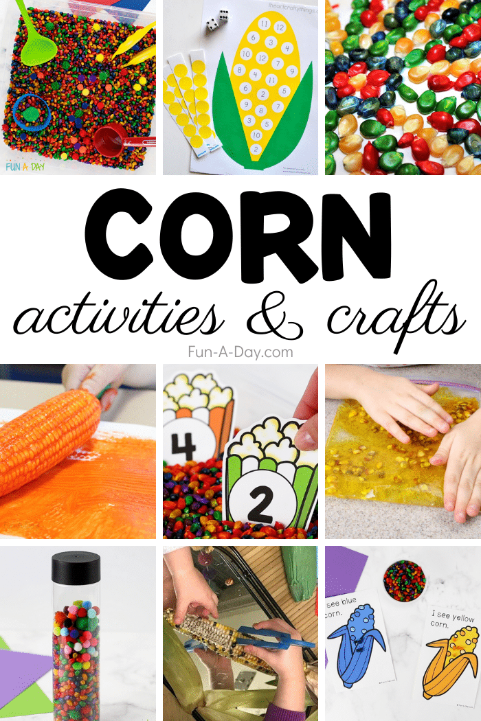 Collage of corn ideas with text that reads corn activities and crafts.