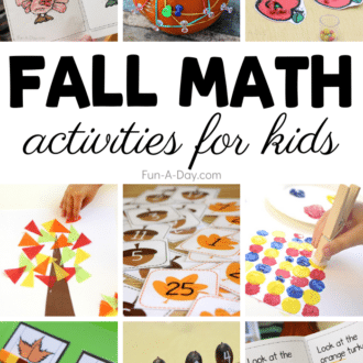 Collage of preschool math ideas with text that reads fall math activities for kids.