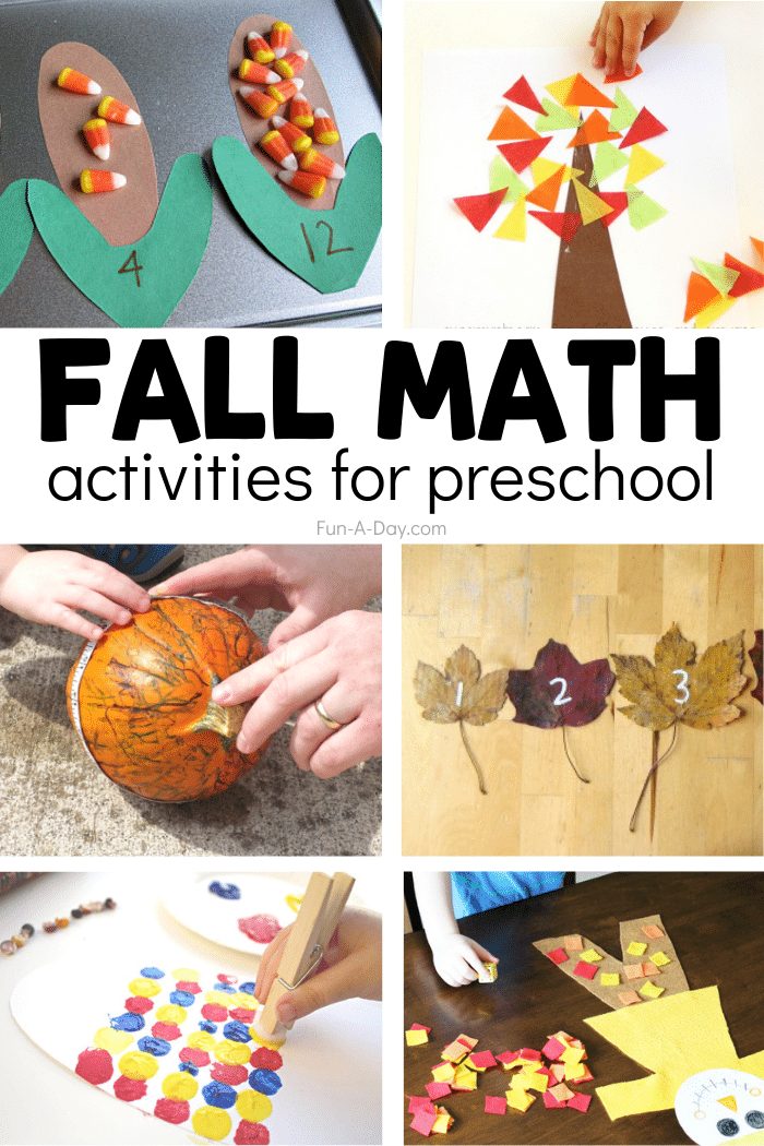 Preschool math ideas with text that reads fall math activities for preschool.