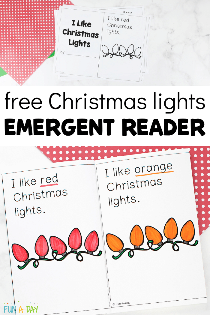 Collage of Christmas lights printable book. Text that reads free Christmas lights emergent reader.