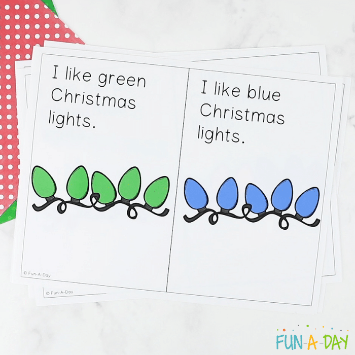Green and Blue pages of Christmas lights printable book printed in color.