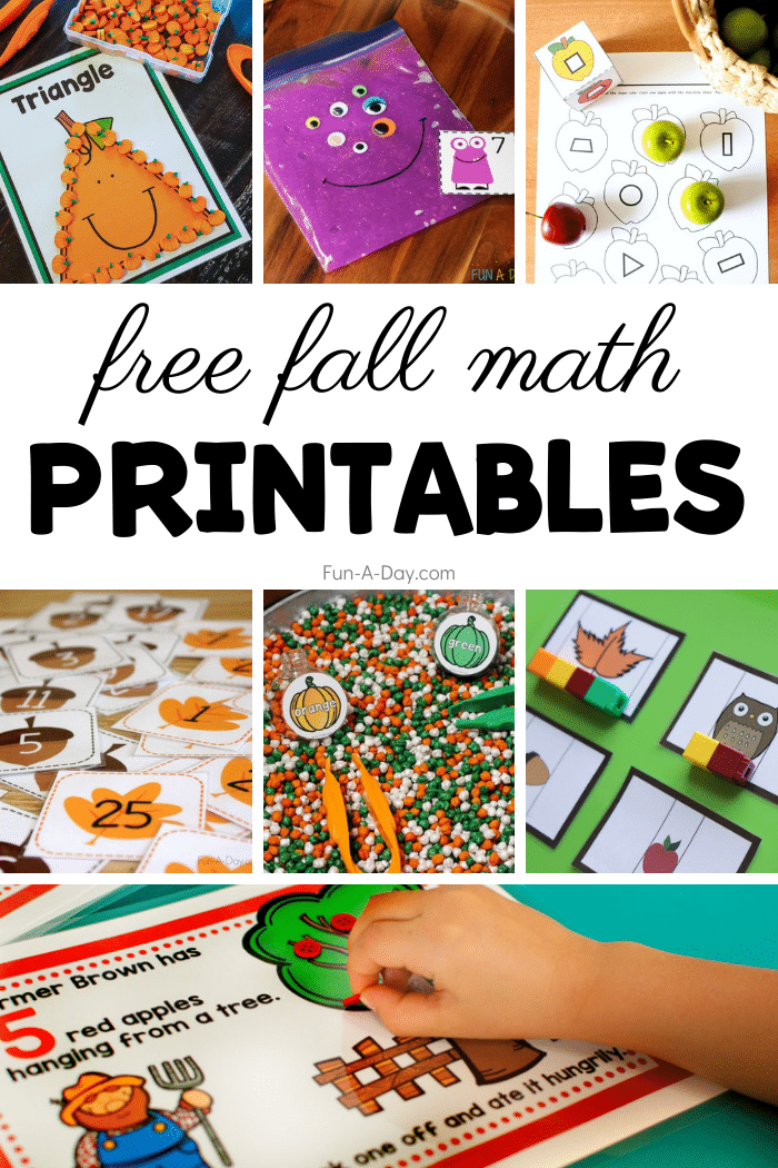 Collage of printable math activities with text that reads free fall math printables.