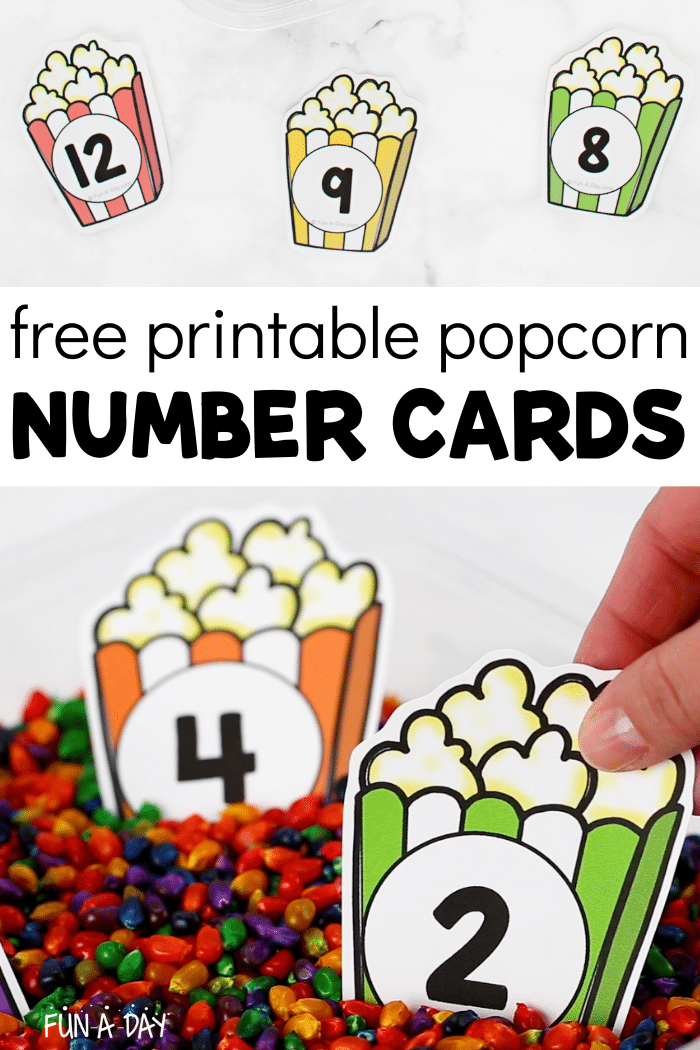 Three popcorn number cards laid flat and two others standing in rainbow corn with text that reads 'free printable popcorn number cards.’