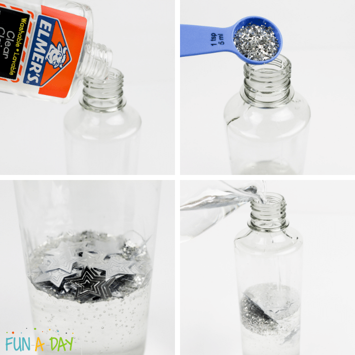 Collage of images including glue, silver glitter, star confetti, and water being poured into a clear bottle.
