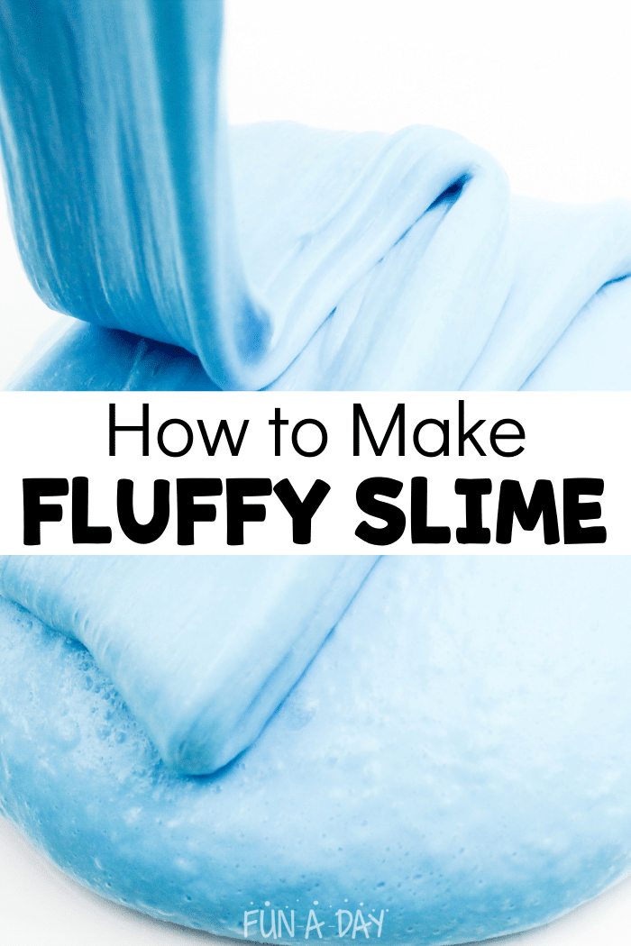Puffy blue slime being dropped onto table with text that reads 'how to make fluffy slime.'