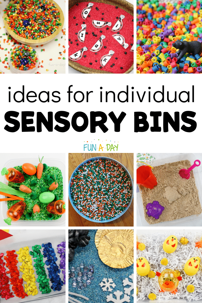 Collage of preschool sensory bins with text that reads ideas for individual sensory bins