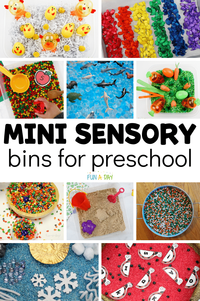 Collage of sensory boxes with text that reads mini sensory bins for preschool