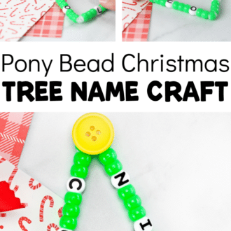 Collage of images depicting process of making craft, final product, and text that reads 'Pony Bead Christmas Tree Name Craft.'