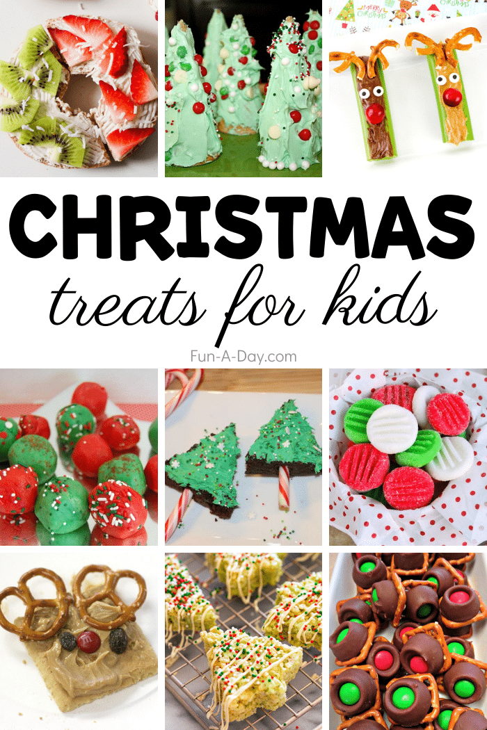 collage of christmas snacks with text that reads christmas treats for kids