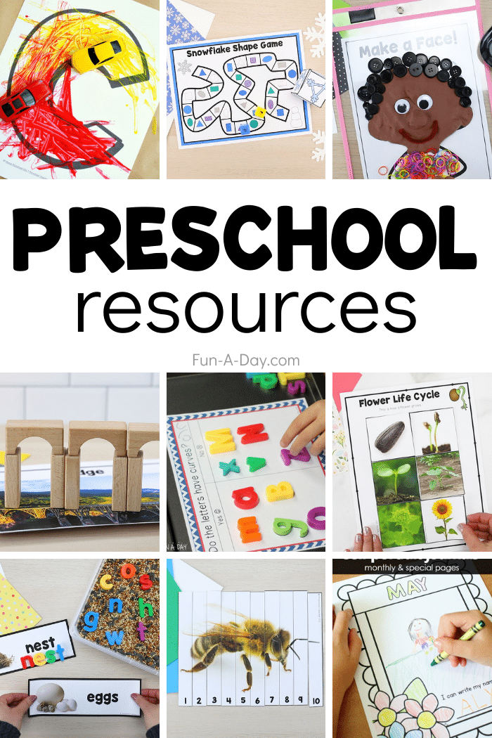Collage of early childhood resources with text that reads preschool resources.