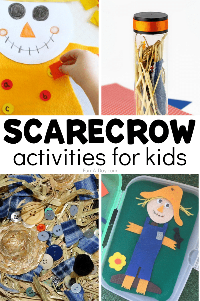 4 scarecrow ideas with text that reads scarecrow activities for kids.