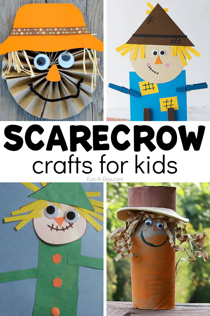 4 scarecrow ideas with text that reads scarecrow crafts for kids.