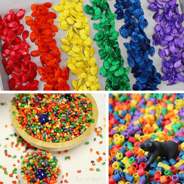 3 colorful mini sensory bins for preschoolers