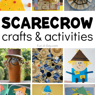 Multiple scarecrow ideas for preschool with text that reads scarecrow crafts and activities.